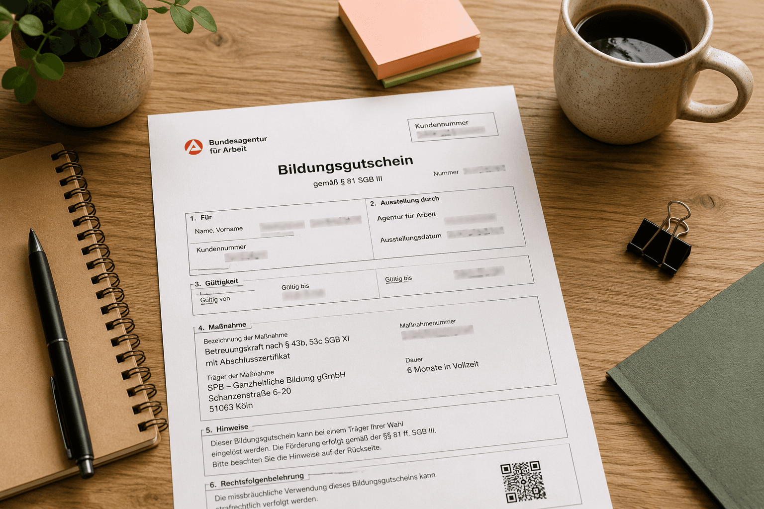 Beispielhafter Bildungsgutschein der Agentur für Arbeit, ausgefüllt für eine Weiterbildung zur Betreuungskraft nach § 43 b SGB XI.