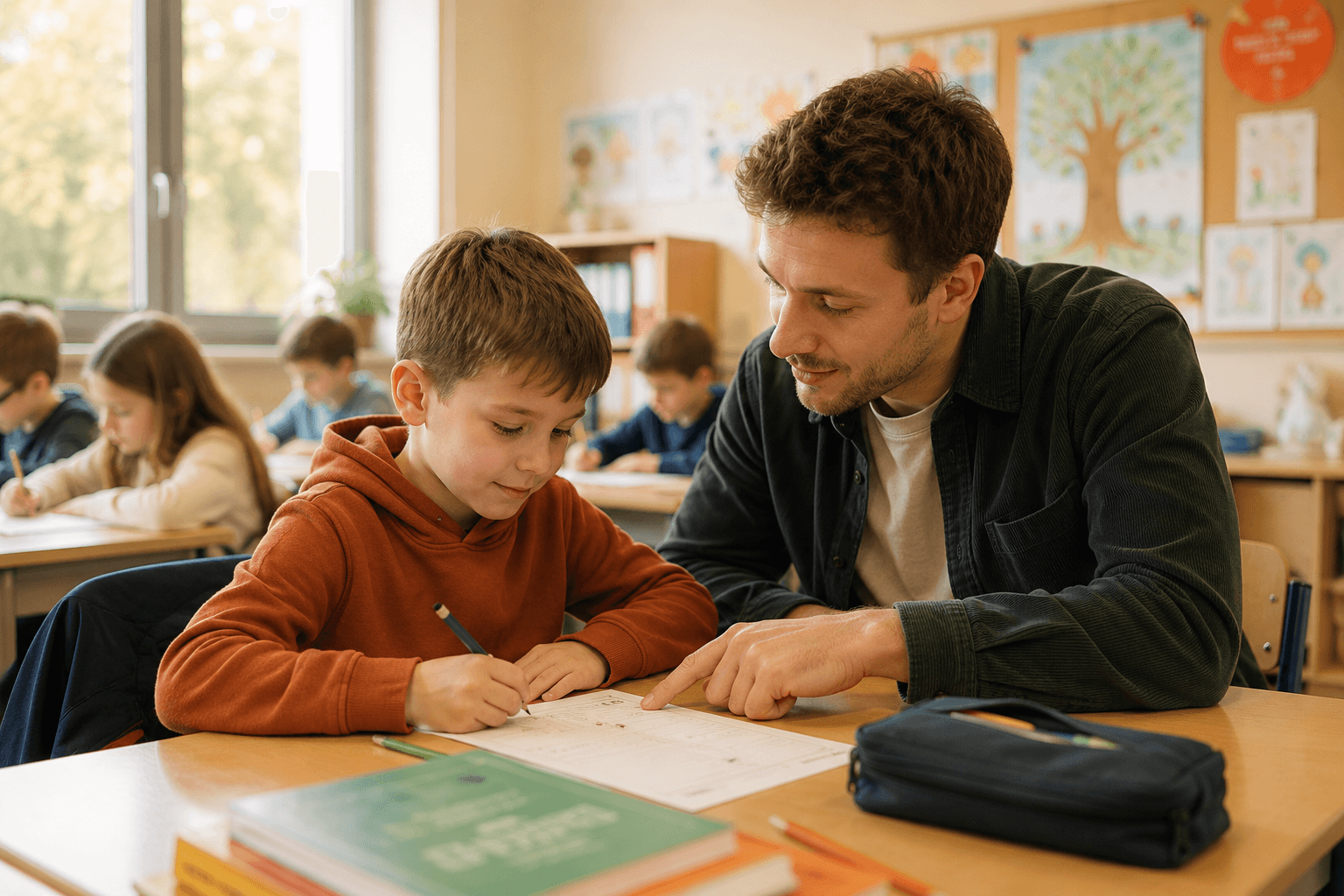 Schulbegleiter sitzt neben einem Grundschulkind im Klassenzimmer und unterstützt es leise bei einer Schreibaufgabe; im Hintergrund weitere Kinder, die selbstständig arbeiten.